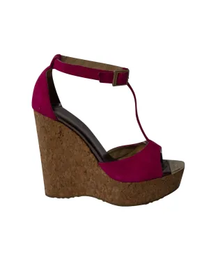 Jimmy Choo T-Bar Peep Toe Wedge in Pink Suede