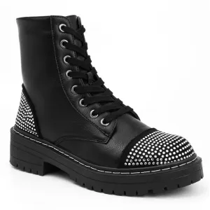 Kalina Womens Rhinestone Zip Up Combat & Lace-up Boots