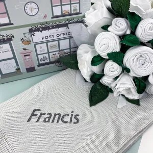 Luxury Rose Baby Clothes Bouquet and Personalised Baby Blanket, Grey
