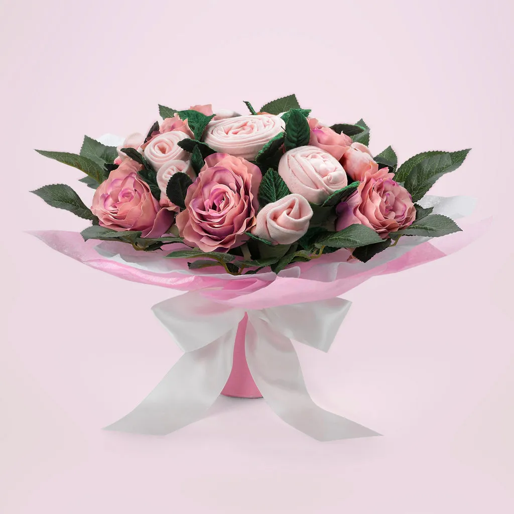 Luxury Rose Baby Clothes Bouquet and Personalised Baby Towel - Pink