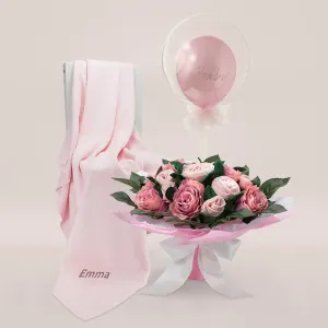 Luxury Rose Baby Clothes Bouquet, Balloon and Personalised Blanket, Pink