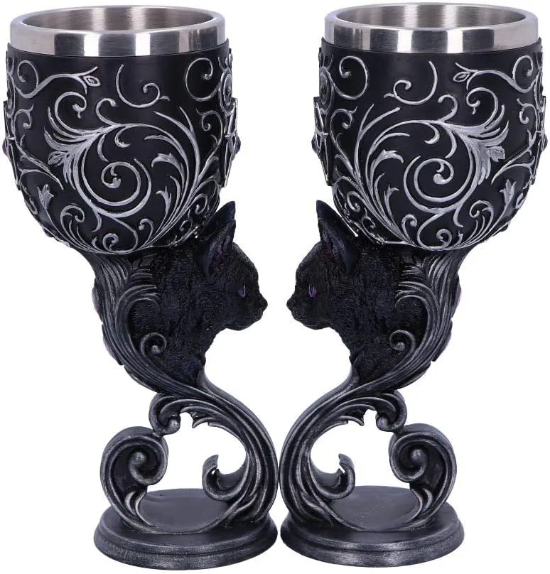 Nemesis Now Decor Nemesis Now Hex Twin Cat Heart Set of Two Goblets, Resin w/Stainless Steel Inser