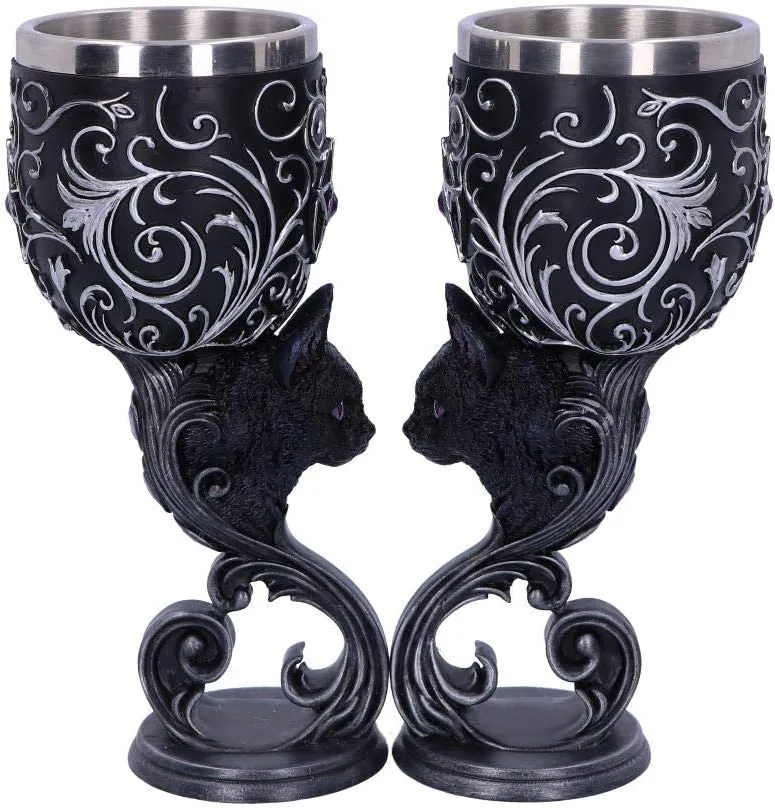 Nemesis Now Decor Nemesis Now Hex Twin Cat Heart Set of Two Goblets, Resin w/Stainless Steel Inser
