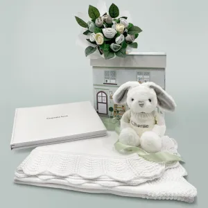 Personalised Baby Blessings Keepsake Hamper with Little Grey Bunny