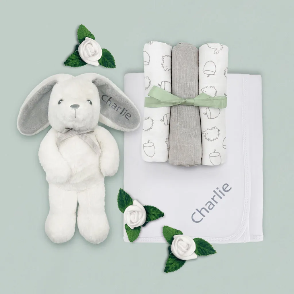 Personalised Baby Gift Set with Little Grey Bunny