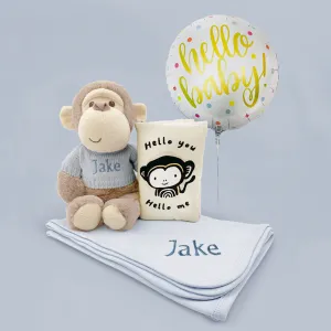 Personalised Morris Monkey Soft Toy Gift Set With Hello Baby Balloon, Blue