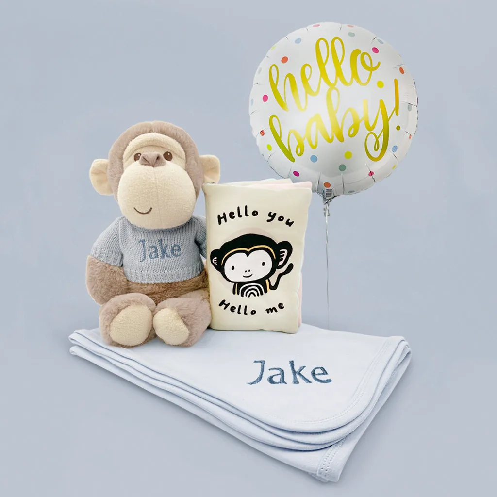 Personalised Morris Monkey Soft Toy Gift Set With Hello Baby Balloon, Blue