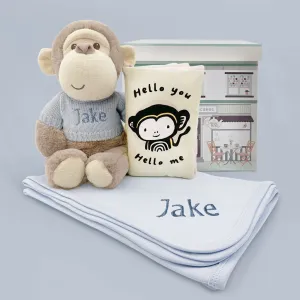 Personalised Morris Monkey Soft Toy With Snuggle Wrap and Book, Blue