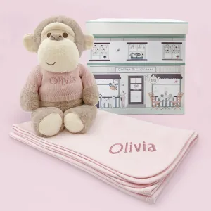Personalised Morris Monkey Soft Toy With Snuggle Wrap, Pink