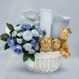 Personalised Three Little Giraffes Luxury New Baby Hamper - Blue