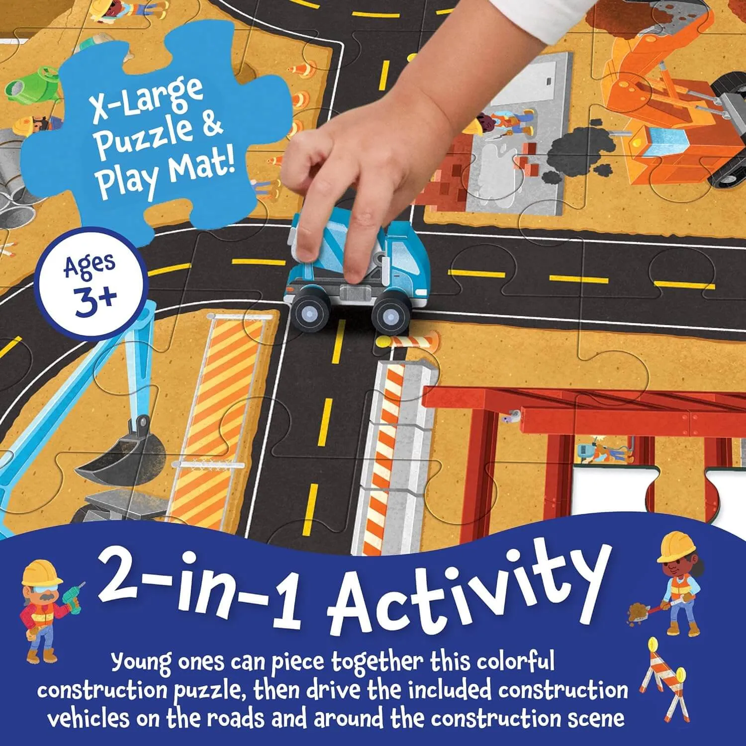 Puzzle & Play: Construction Site - Floor Jigsaw Puzzle - Includes 3 Wooden Construction Vehicles