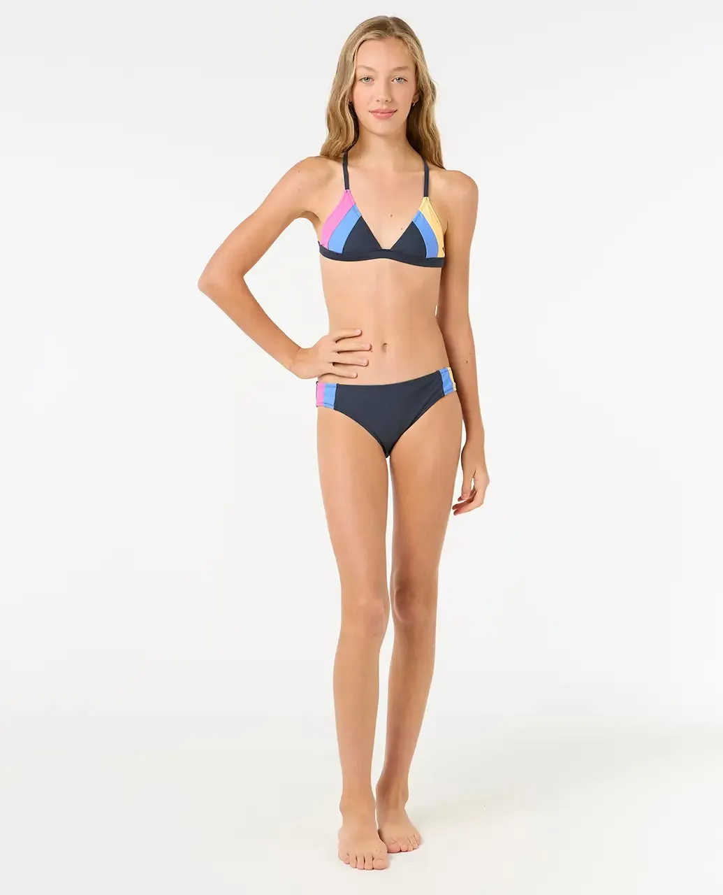Rip Curl Clothing Girls Block Party Bikini Set in Navy, Pink & Yellow
