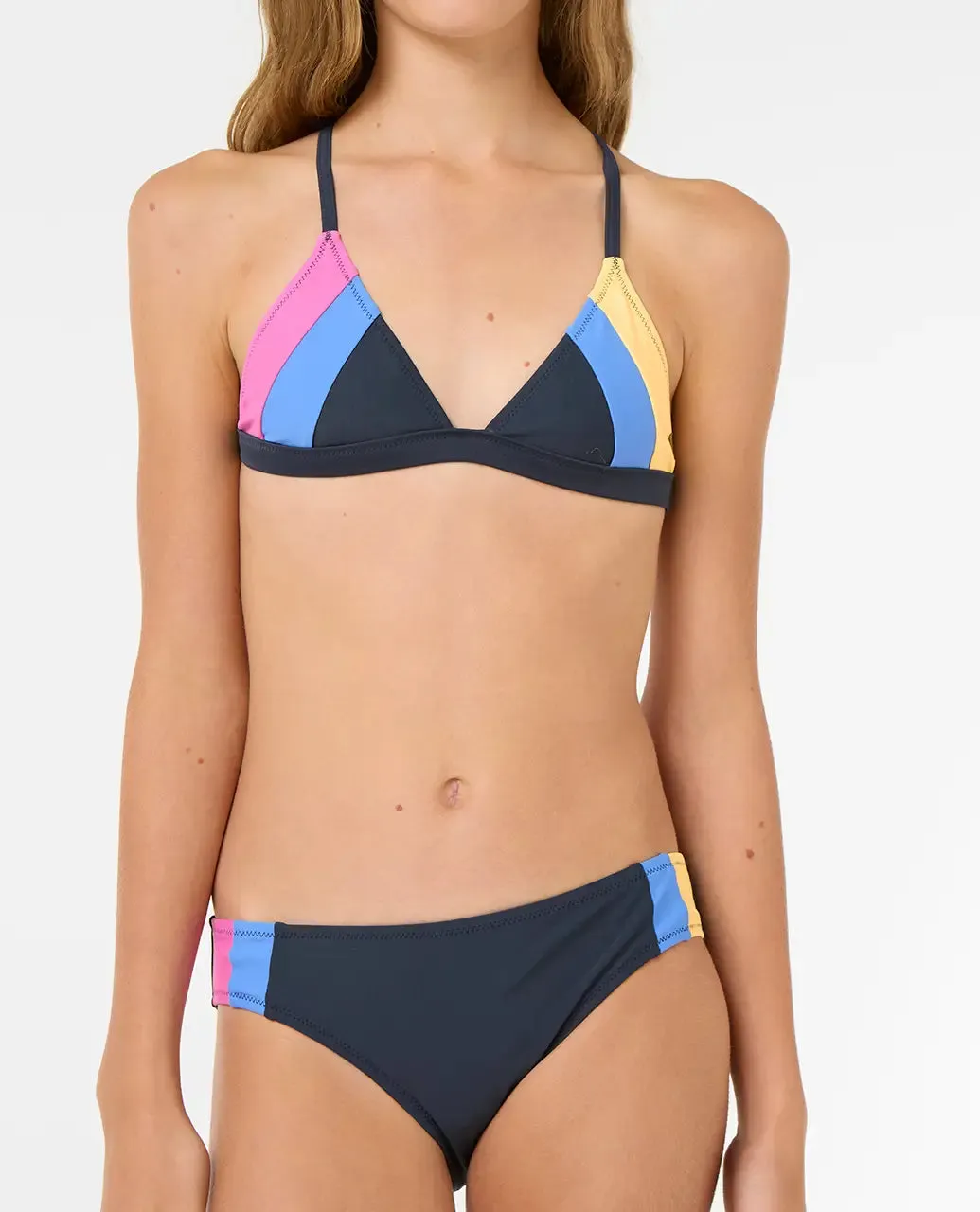 Rip Curl Clothing Girls Block Party Bikini Set in Navy, Pink & Yellow