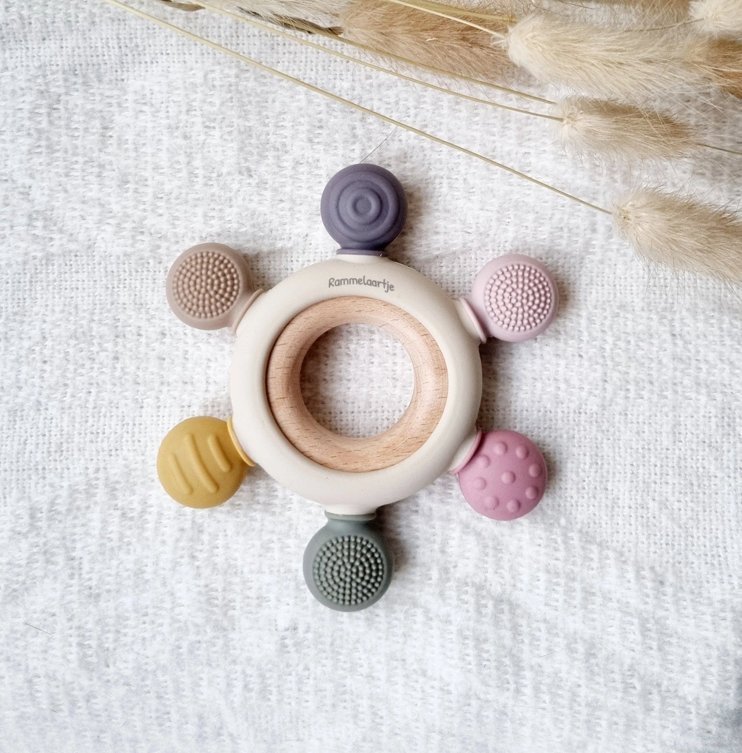 Silicone & Wood Teether  - Multicolored Pink