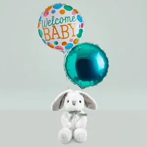 Welcome Baby Balloons with Little Grey Bunny Gift