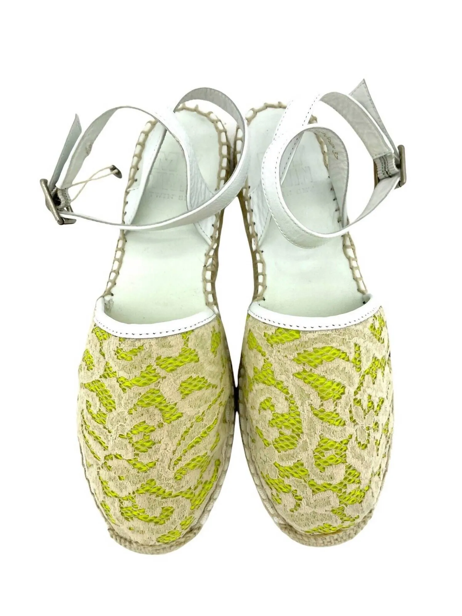 Women's D'orsay Lace Leather Espadrilles In White, Lime Green